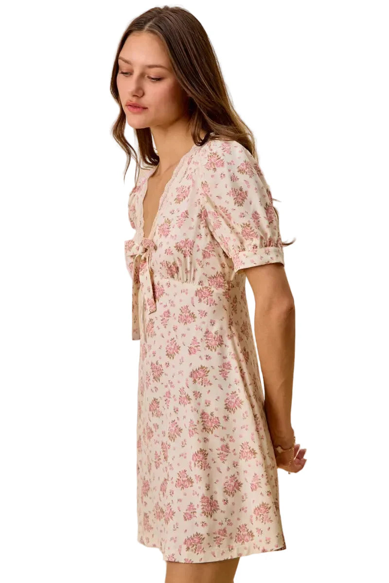 Cream Color Floral Lace Trim Short Sleeves Mini Dress