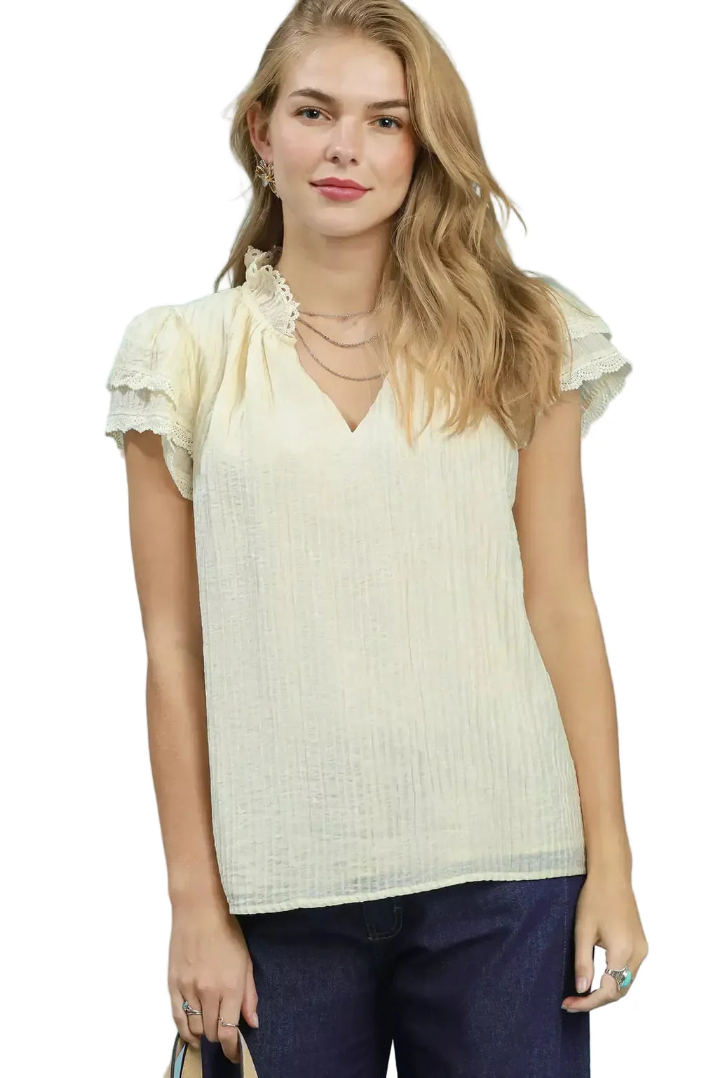 Lace Trim Cream Color Ruffle Top