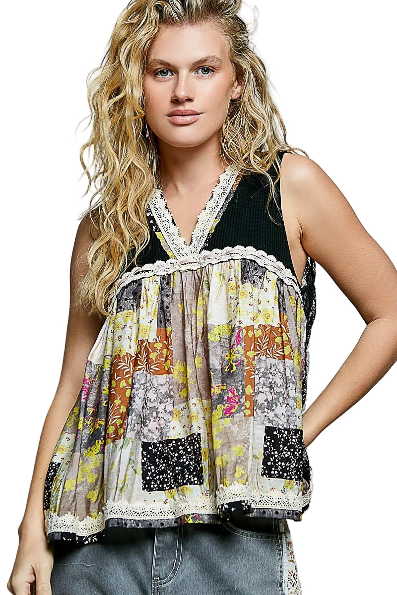POL Floral Black V-Neck Sheer Tank with Lace Trim