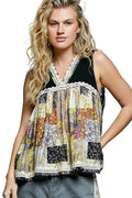 POL Floral Black V-Neck Sheer Tank with Lace Trim