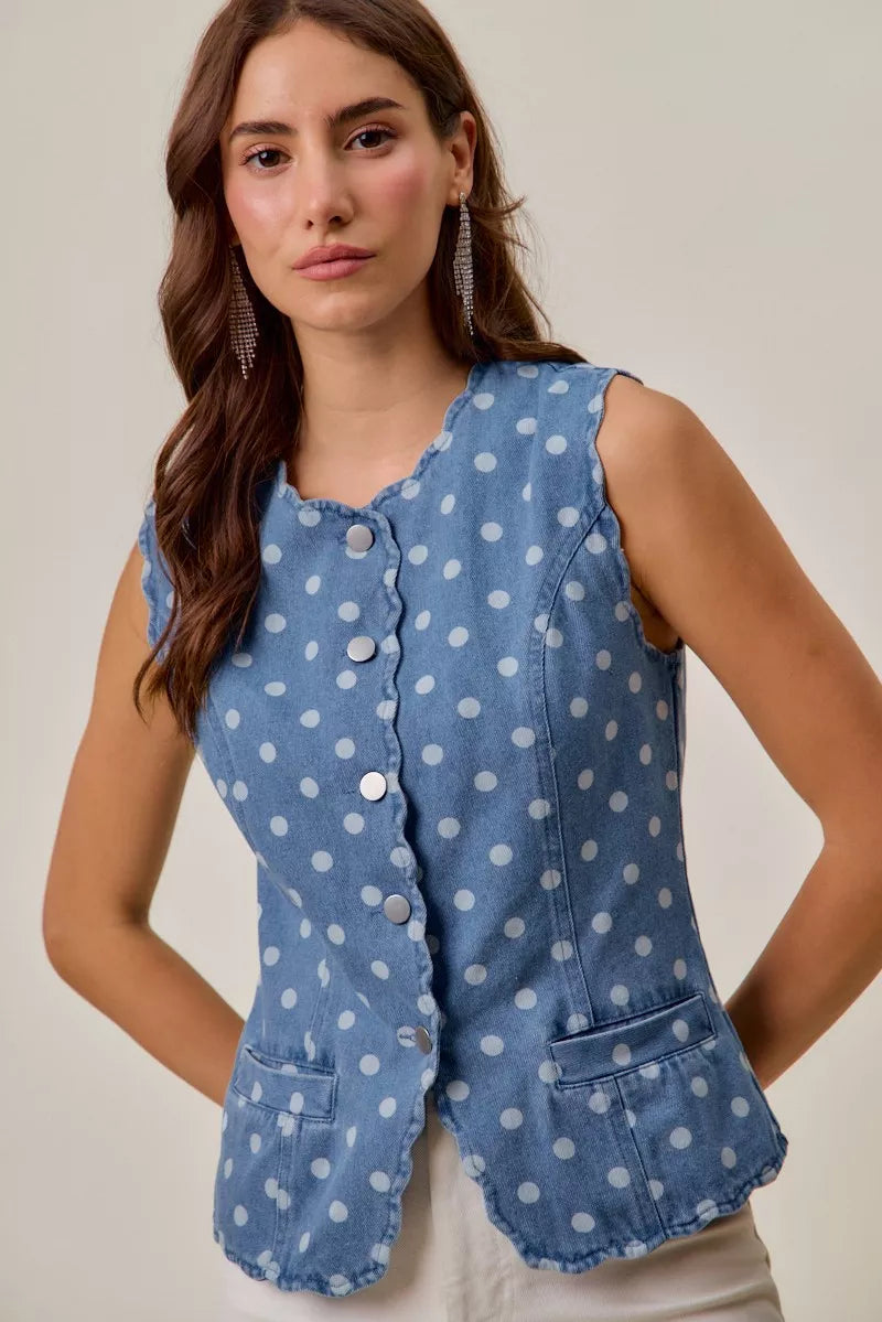Polka Dot Blue Denim Scallop Edge Button Down Vest Top