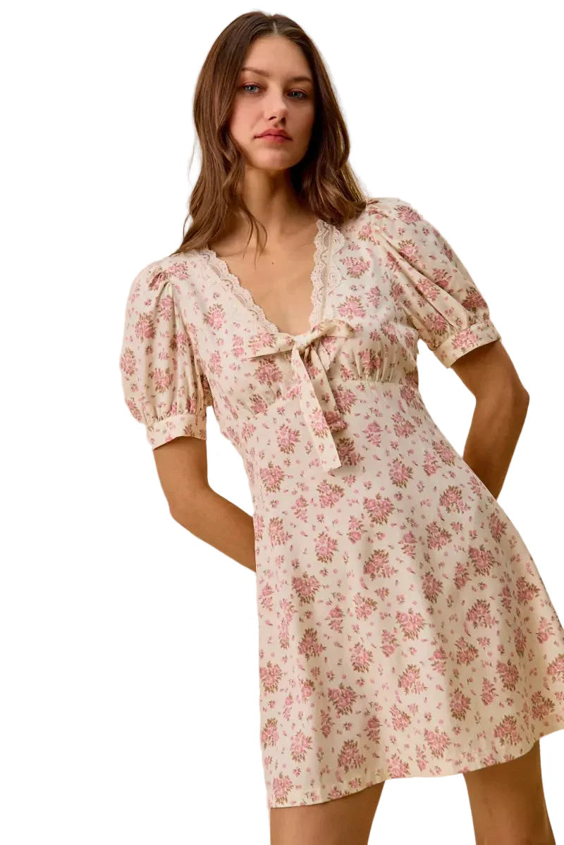 Cream Color Floral Lace Trim Short Sleeves Mini Dress