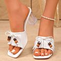 Open Square Toe Block Heels Sandals with Beaded Fringe Tassel and Clear Block Heel