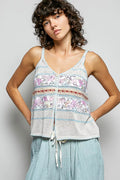 Printed Buttoned Cami with Trim Detail, Blanket Stitch