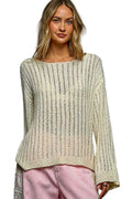 Tan Round Neck Long Sleeve Open Weave Sweater