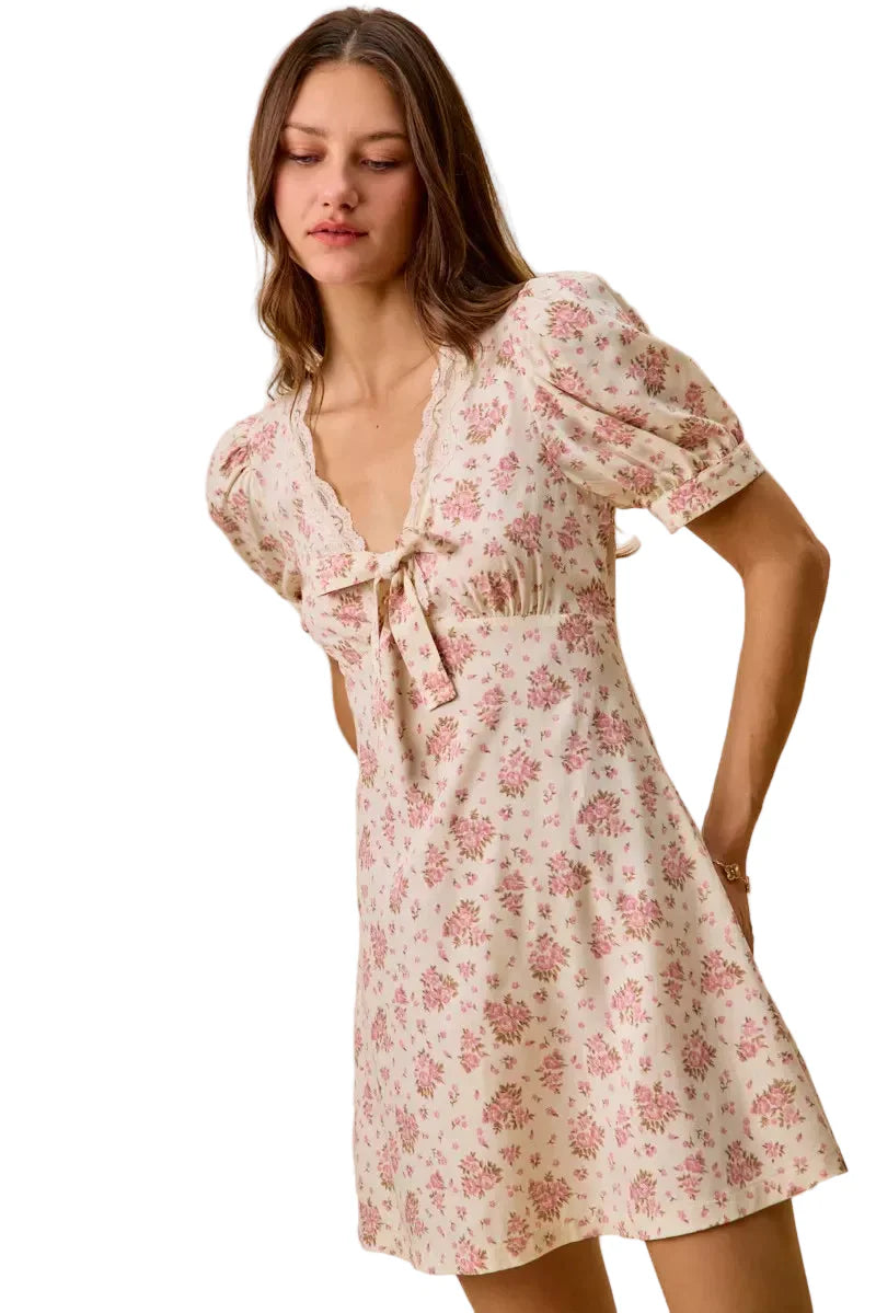 Cream Color Floral Lace Trim Short Sleeves Mini Dress