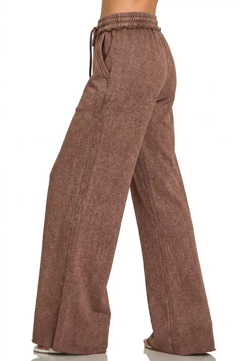 Zenana Washed Brown French Terry Sweatpants