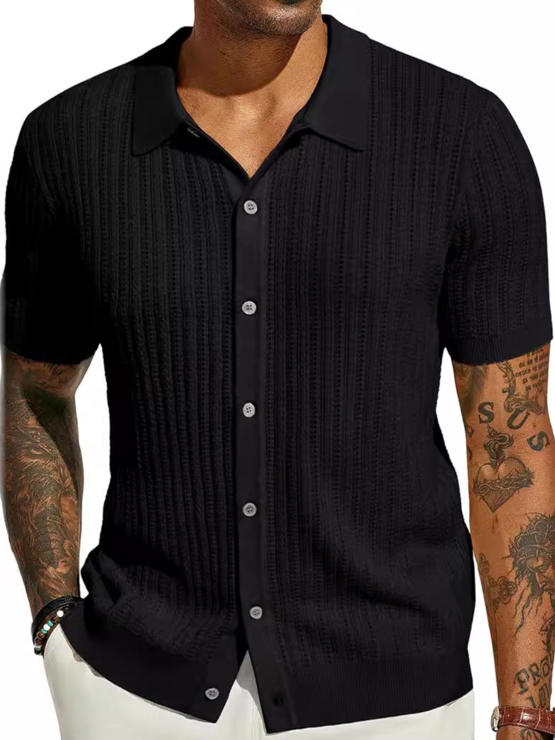 Men's Full Size Openwork Button Down Collared Neck Shirt Plus Size