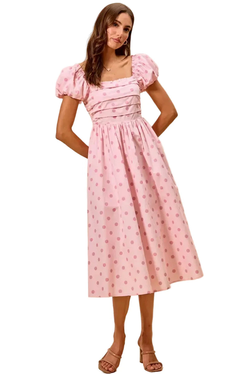 Polka Cotton Print Short Sleeves Pink Midi Dress