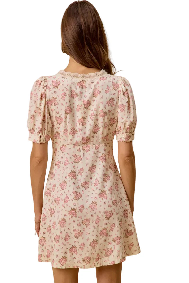 Cream Color Floral Lace Trim Short Sleeves Mini Dress