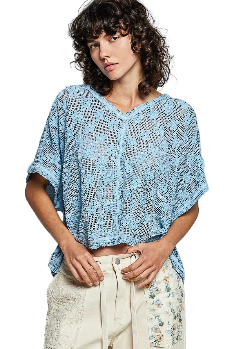 Blue Crochet Lace Short Sleeve Top