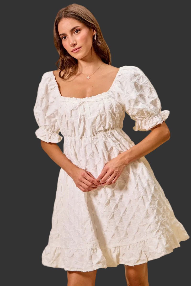Off White Texture Woven Ruching On Bust Mini Dress