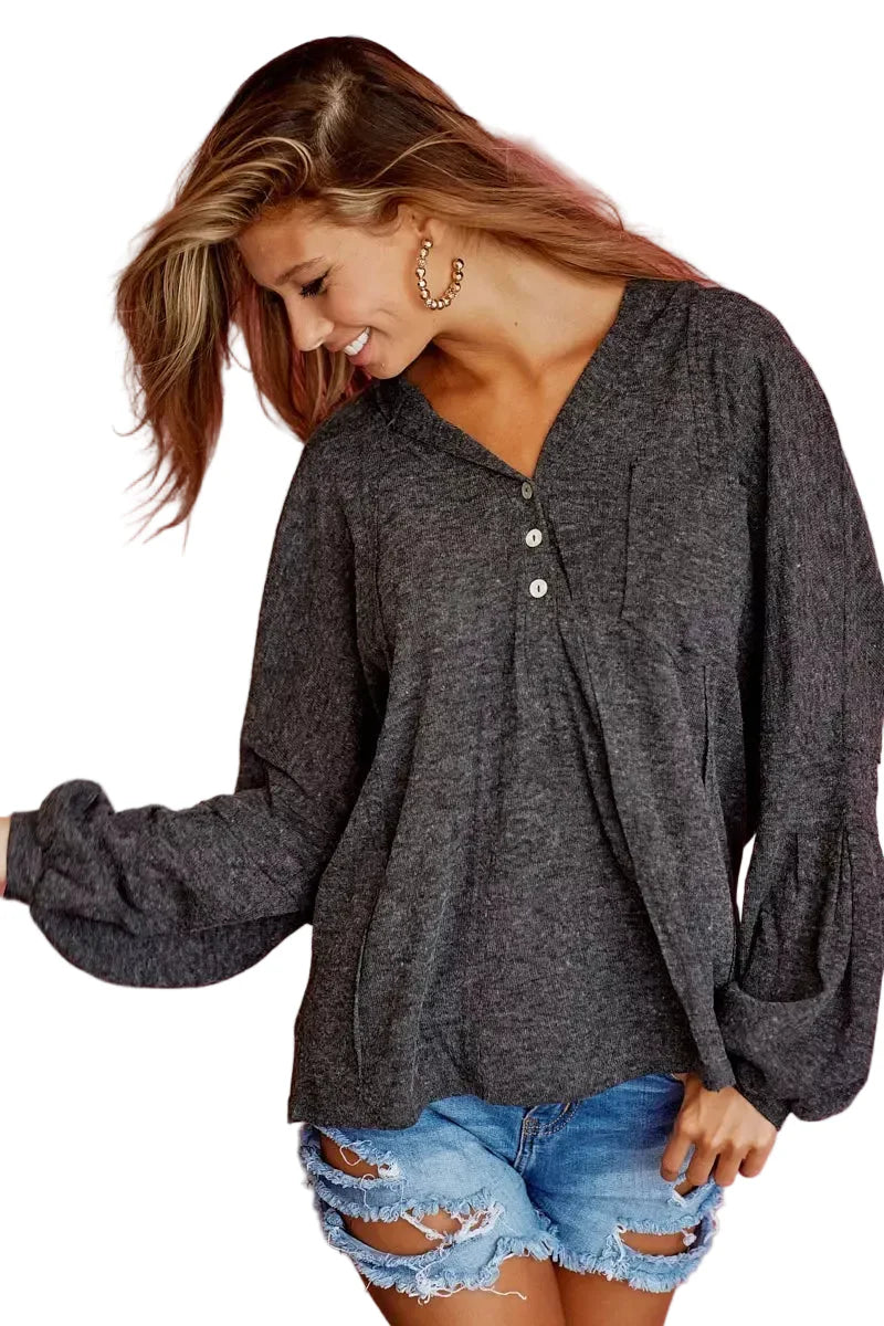 Dark Gray Textured Knit Hoodie with Buttoned Placket