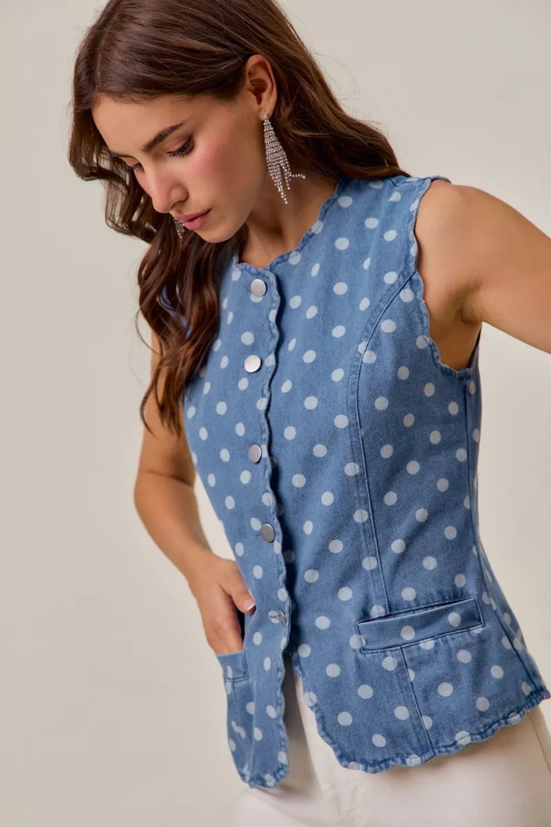 Polka Dot Blue Denim Scallop Edge Button Down Vest Top
