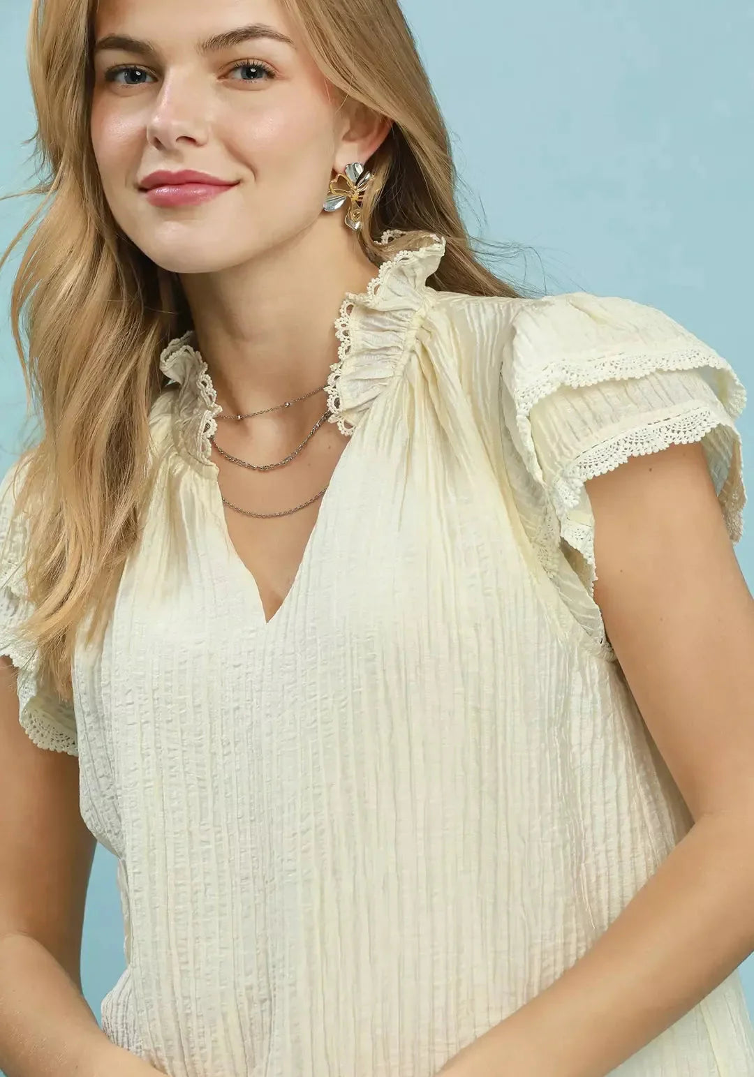 Lace Trim Cream Color Ruffle Top