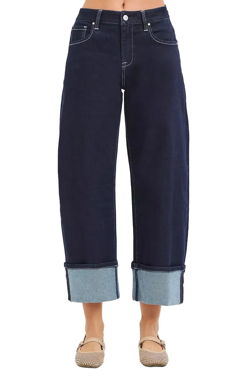 RISEN Slouchy Crop Barrel Cuffed Hem Dark Blue Jeans
