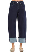 RISEN Slouchy Crop Barrel Cuffed Hem Dark Blue Jeans