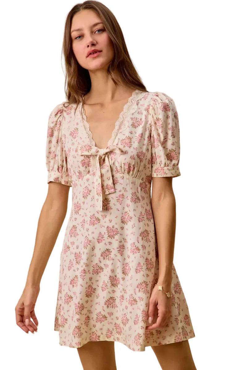 Cream Color Floral Lace Trim Short Sleeves Mini Dress