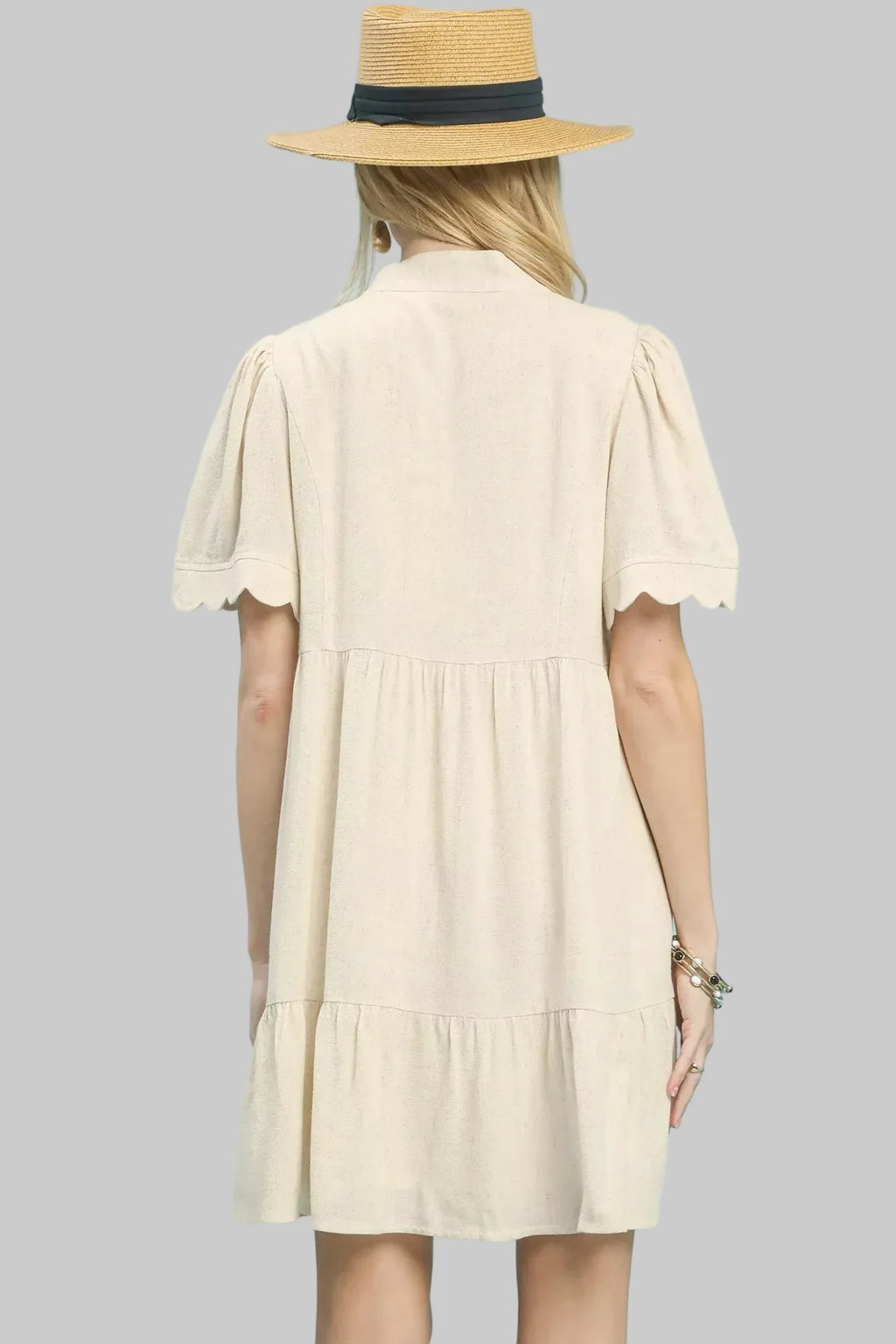 Beige Linen Tiered Babydoll Dress with Scalloped Sleeves