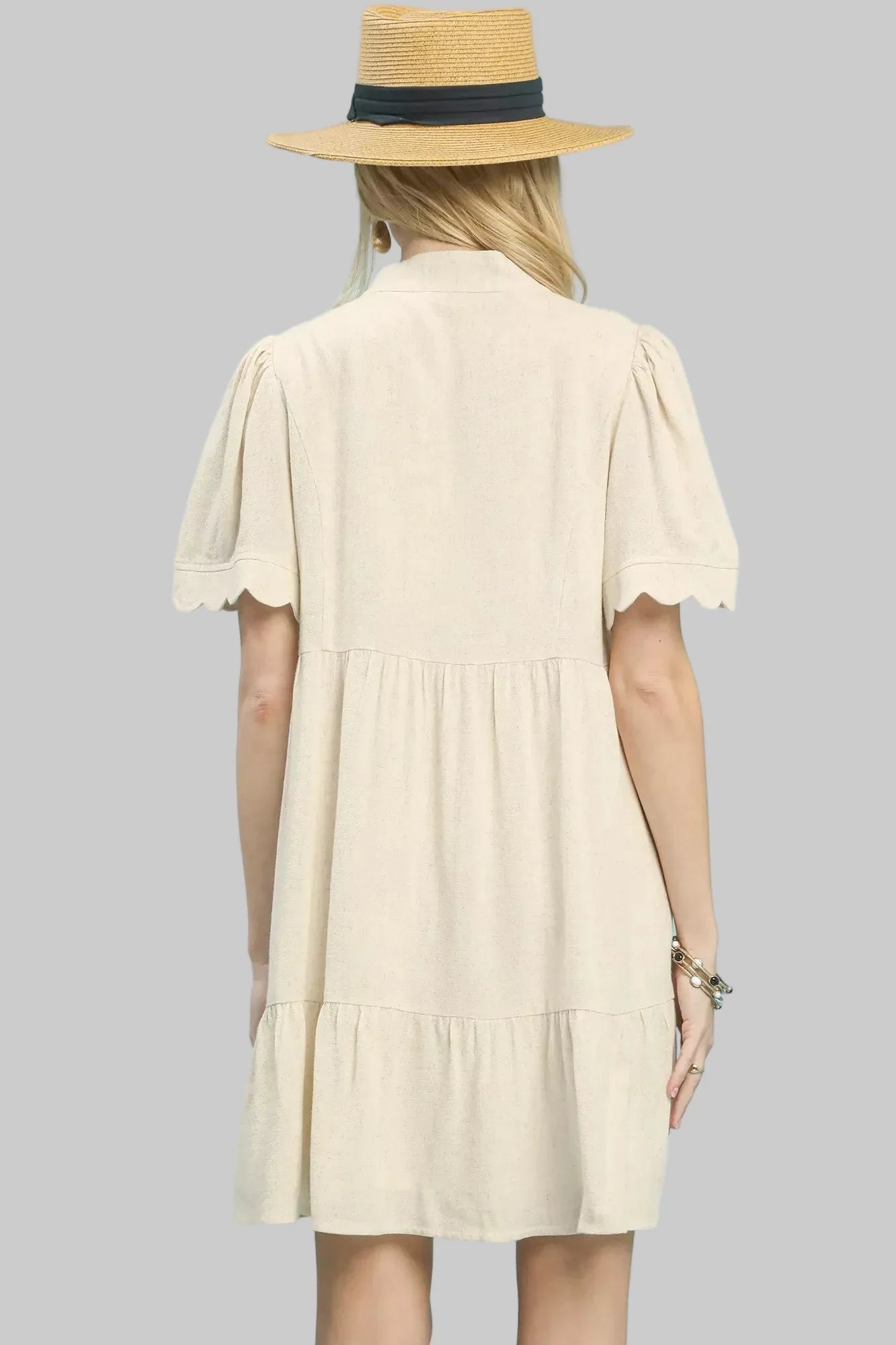 Beige Linen Tiered Babydoll Dress with Scalloped Sleeves