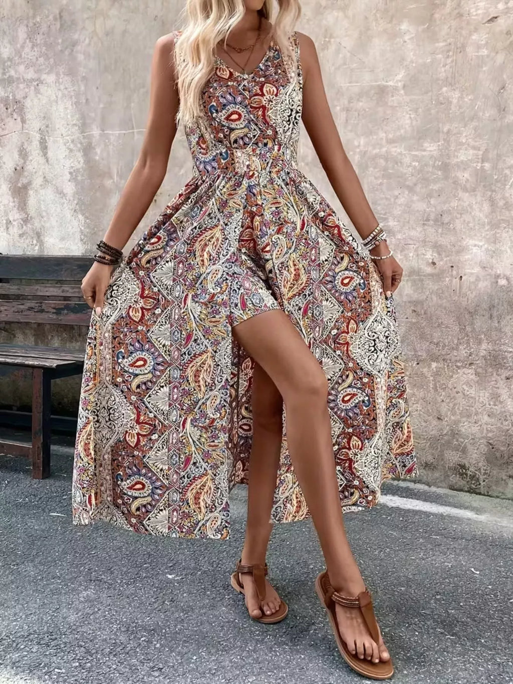 Paisley Print Sleeveless Romper with Long Top