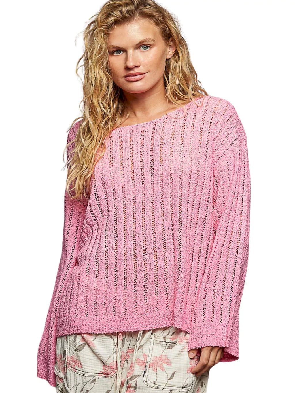 Pink Round Neck Long Sleeve Open Weave Coverup Sweater