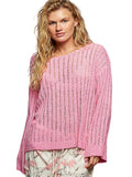 Pink Round Neck Long Sleeve Open Weave Coverup Sweater