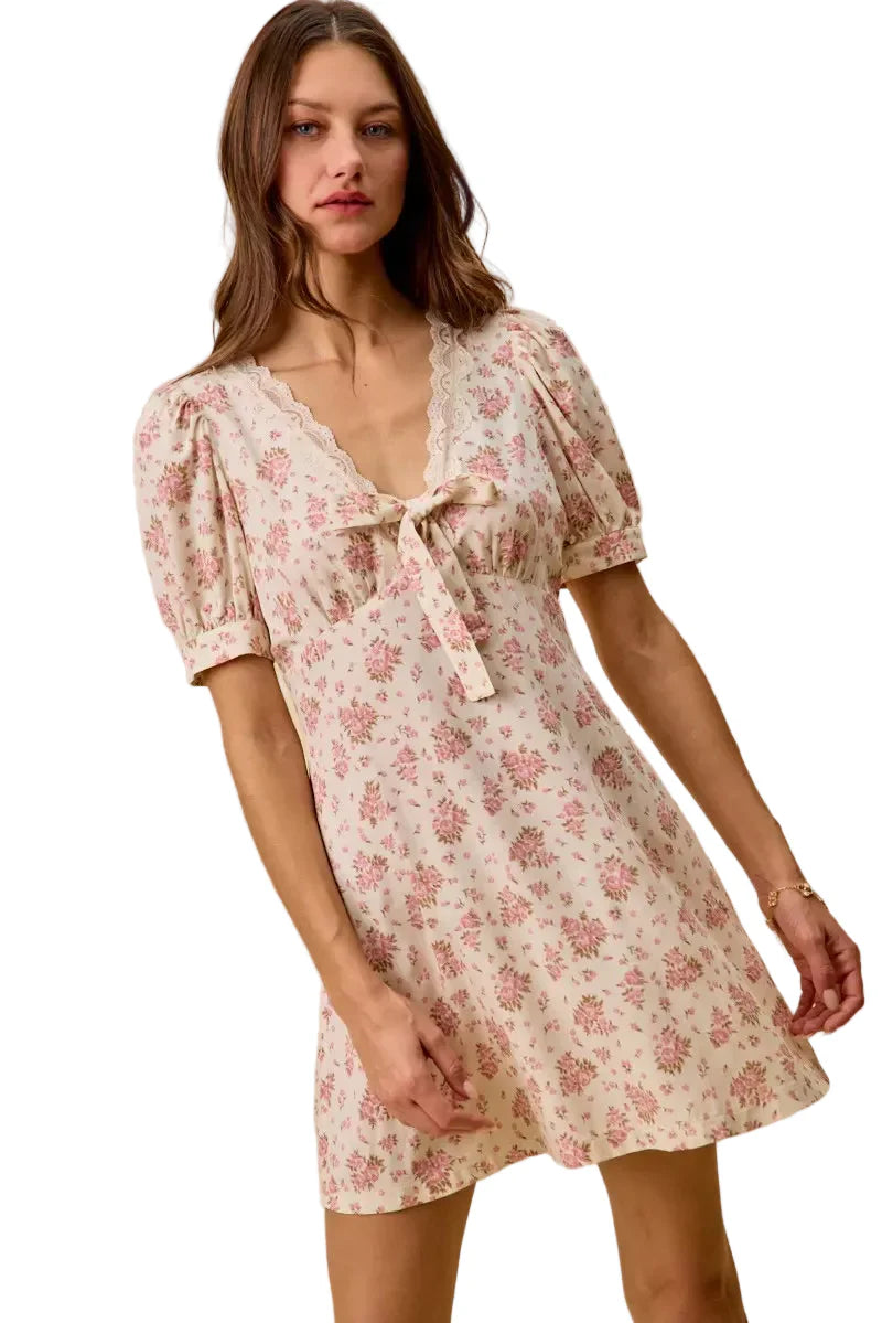 Cream Color Floral Lace Trim Short Sleeves Mini Dress