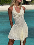 Halter Neck Asymmetrical Hem Cream Color Mini Dress