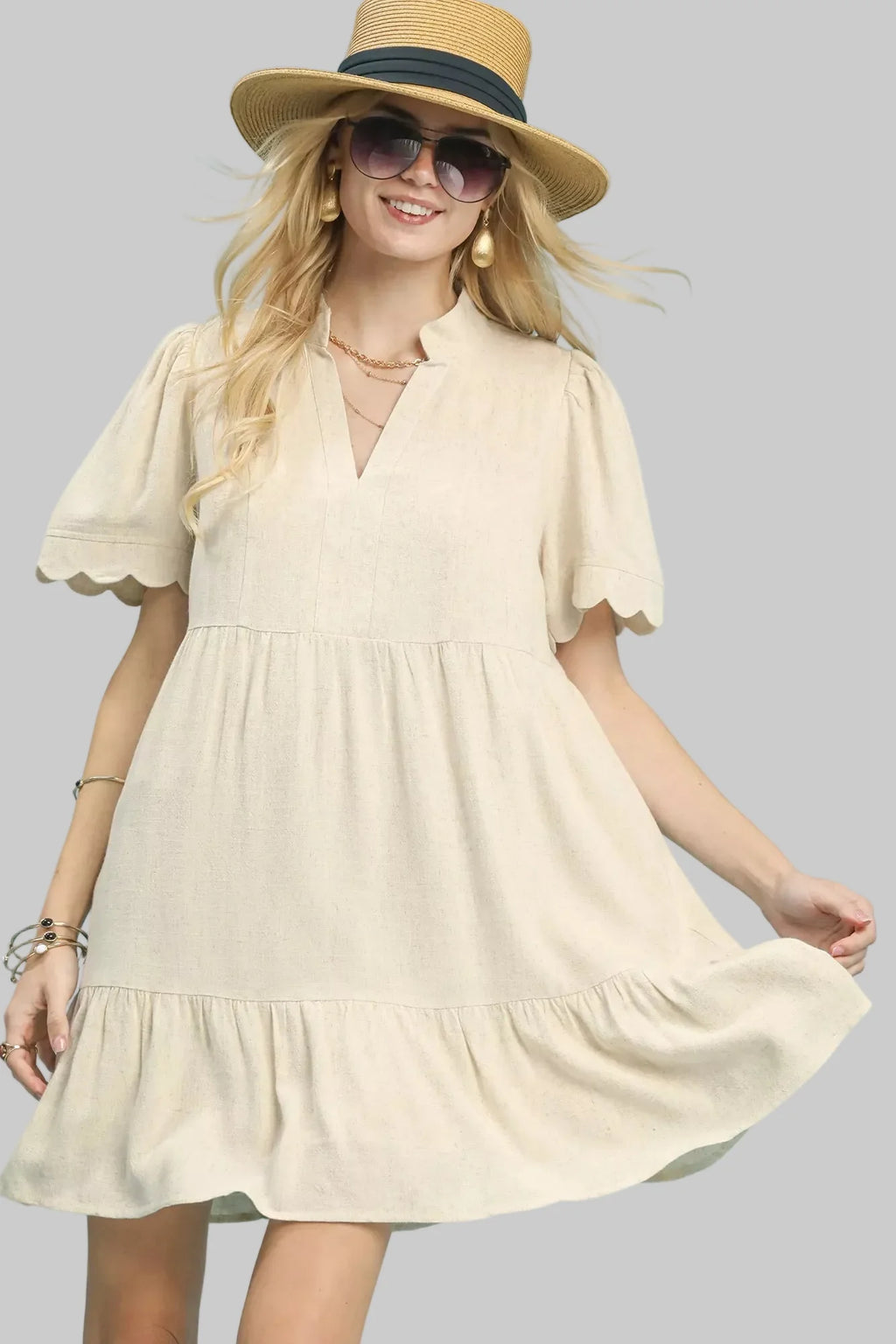 Beige Linen Tiered Babydoll Dress with Scalloped Sleeves
