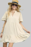 Beige Linen Tiered Babydoll Dress with Scalloped Sleeves
