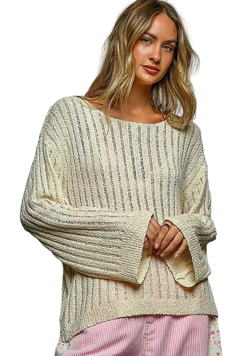Tan Round Neck Long Sleeve Open Weave Sweater
