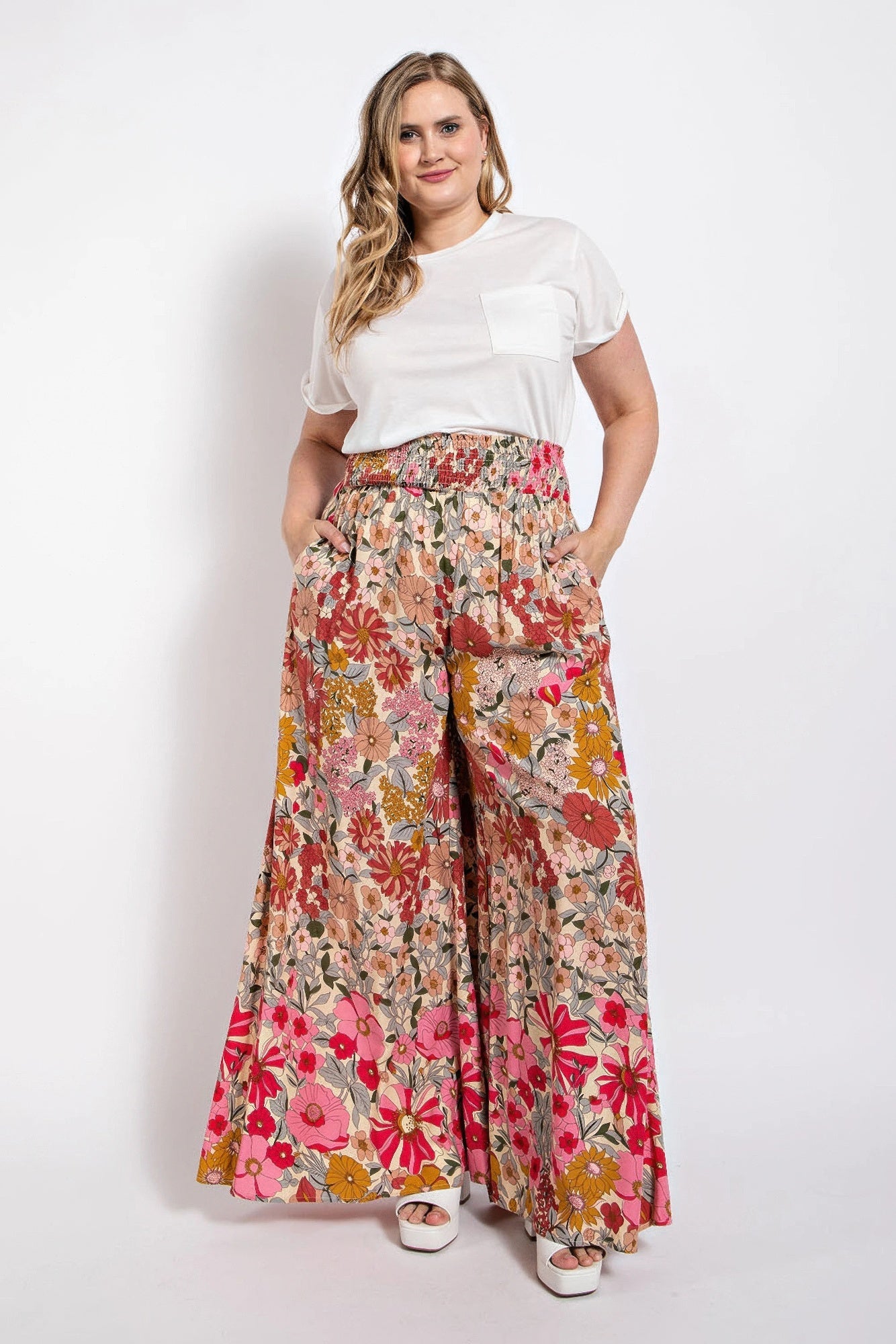 2XL Flared Wide Leg And Smocked Waist Pants With Side Pocket