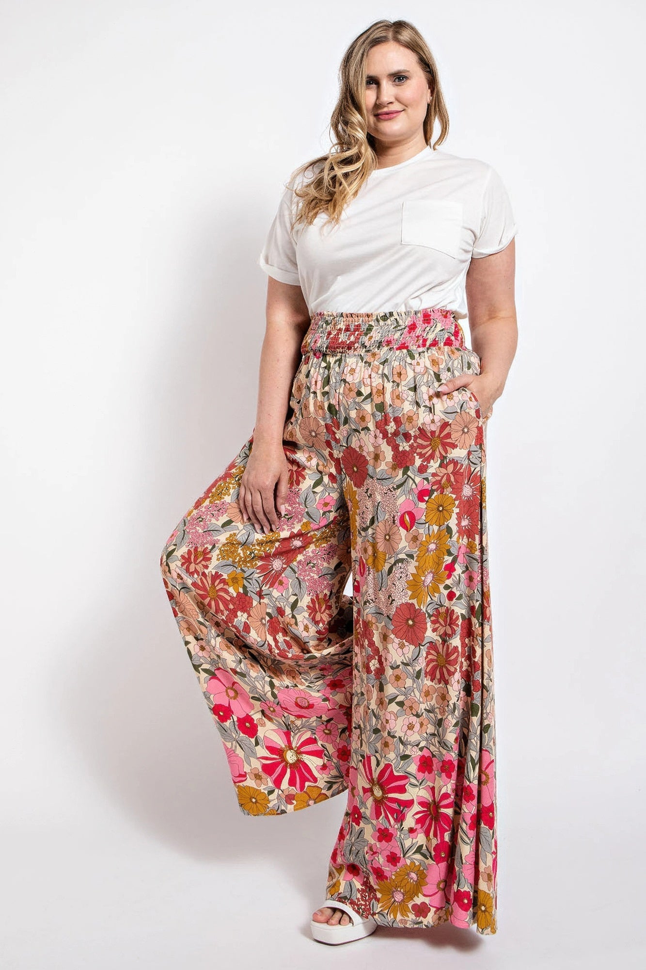 2XL Flared Wide Leg And Smocked Waist Pants With Side Pocket