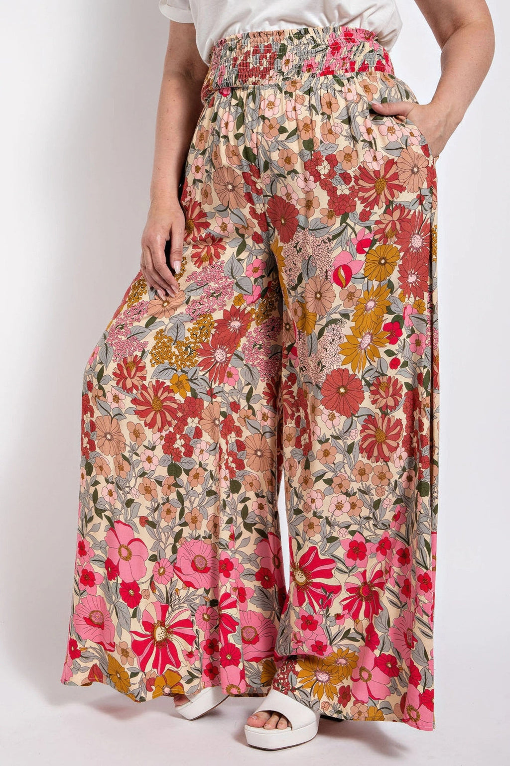 2XL Flared Wide Leg And Smocked Waist Pants With Side Pocket