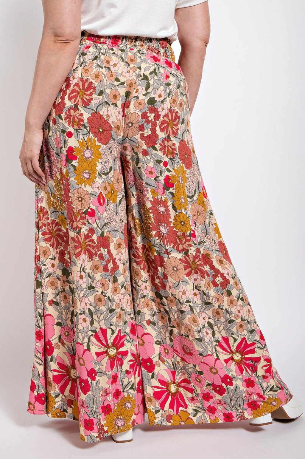 2XL Flared Wide Leg And Smocked Waist Pants With Side Pocket