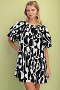Geometric Print Loose Fit Mini Dress With Gathered Balloon Sleeves