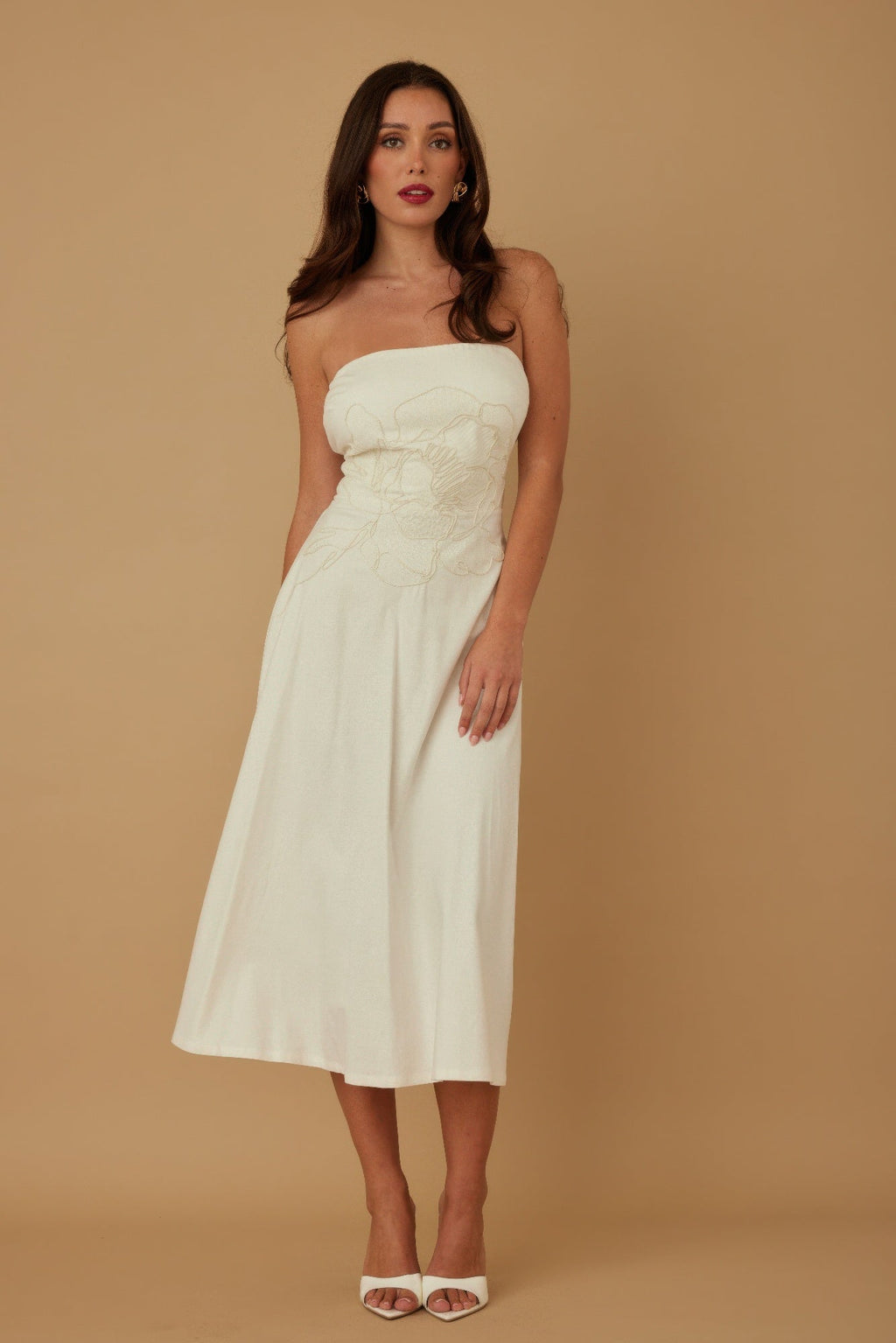 Linen Flower Pattern Strapless Dress