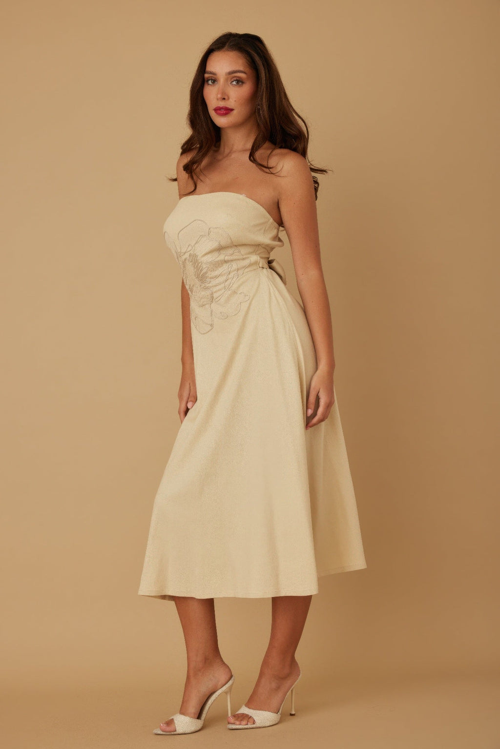 Linen Flower Pattern Strapless Dress
