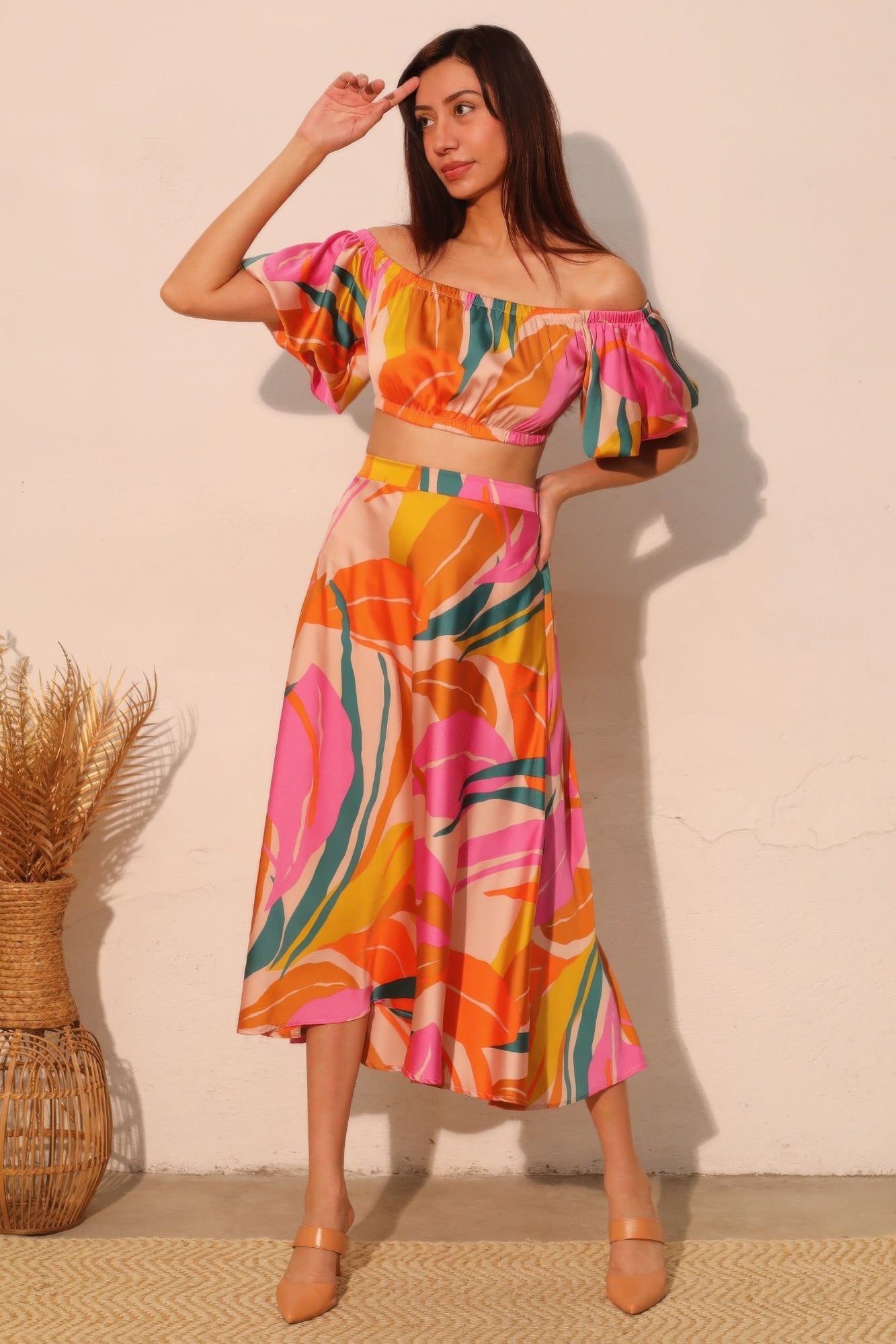 Isla Tropical Satin Bubble Sleeve Crop Top