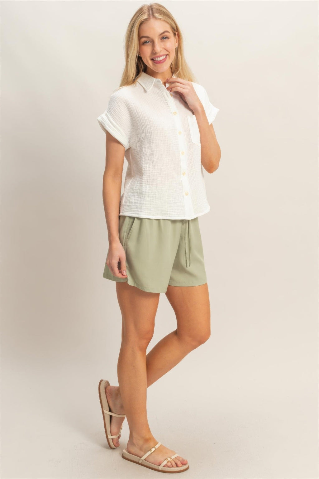 Rolled Sleeve Button-up Top