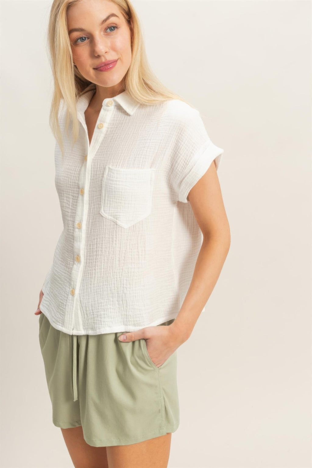 Rolled Sleeve Button-up Top
