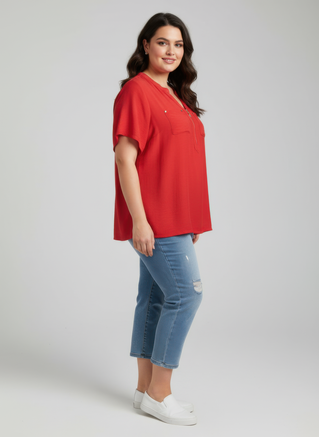 Zip-front Utility Pocket Knit Top