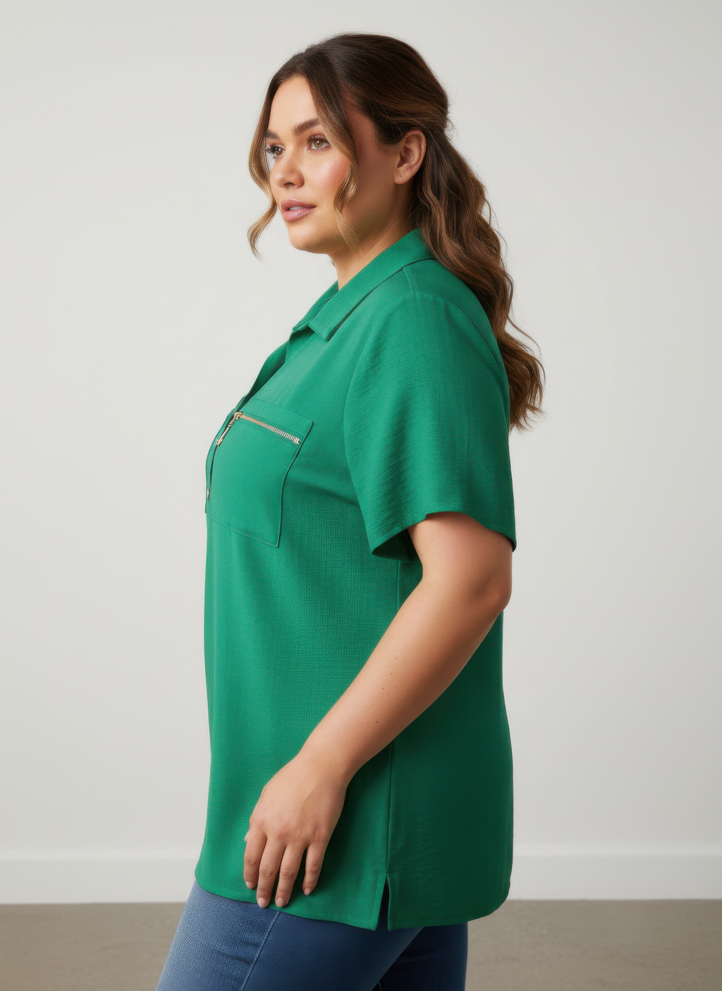 Zip Pocket Collared Knit Tunic Top