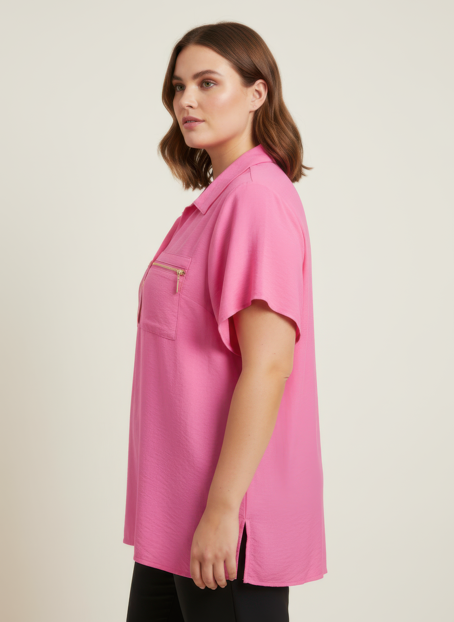 Zip Pocket Collared Knit Tunic Top