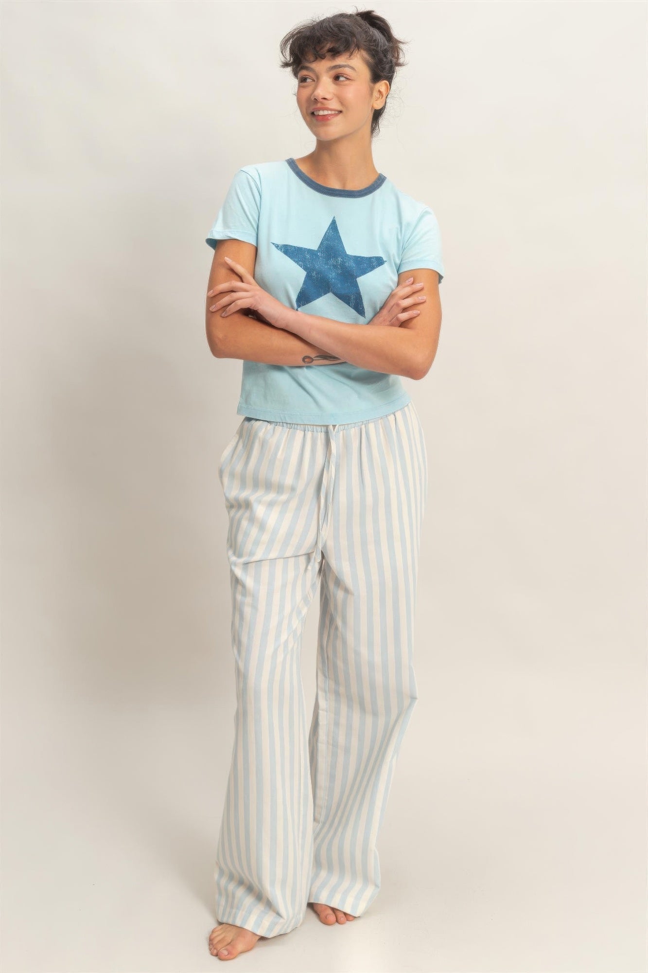 Vertical Striped Elastic Pants With Side Pockets