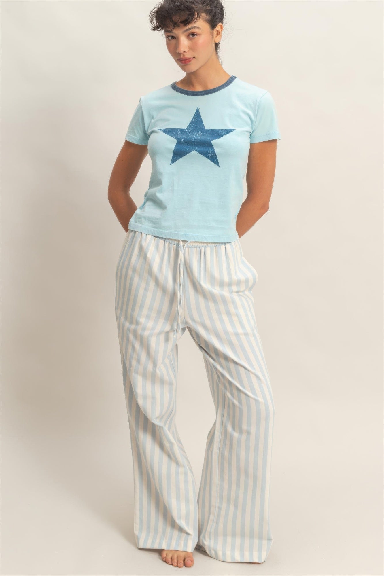 Vertical Striped Elastic Pants With Side Pockets