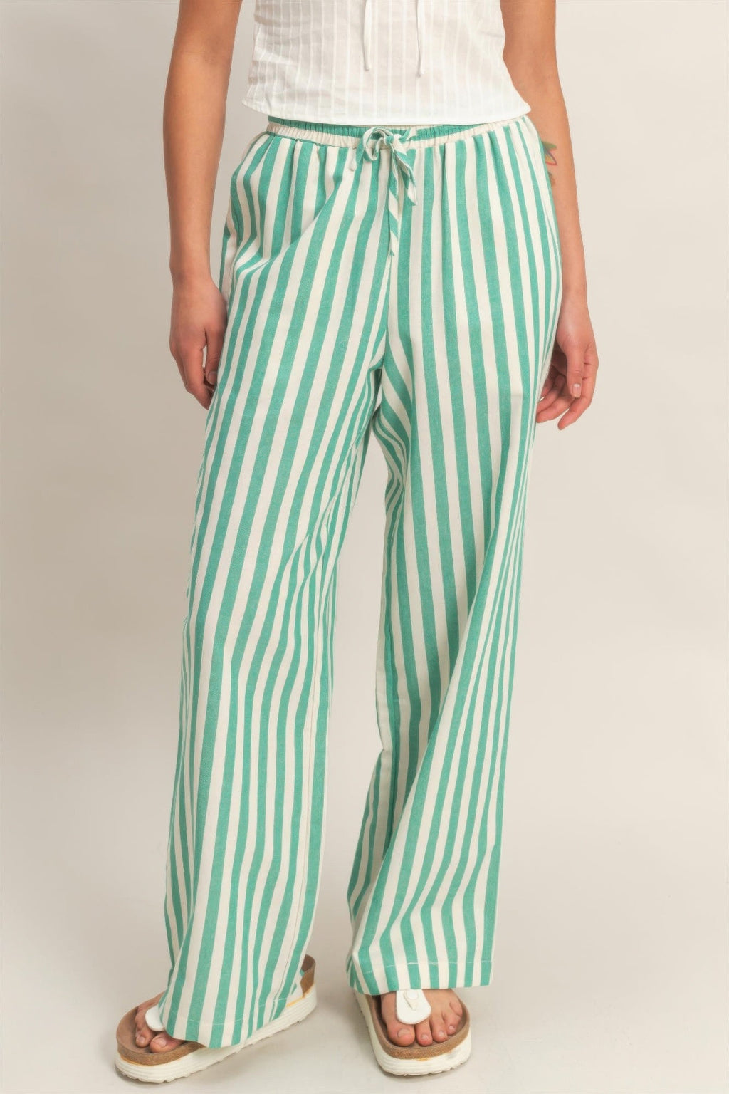 Vertical Striped Elastic Pants With Side Pockets