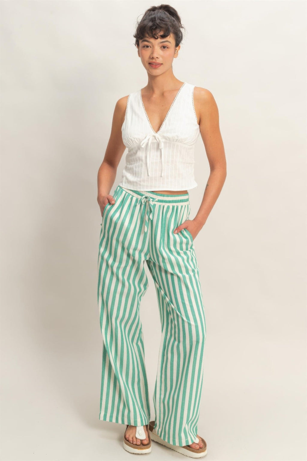 Vertical Striped Elastic Pants With Side Pockets
