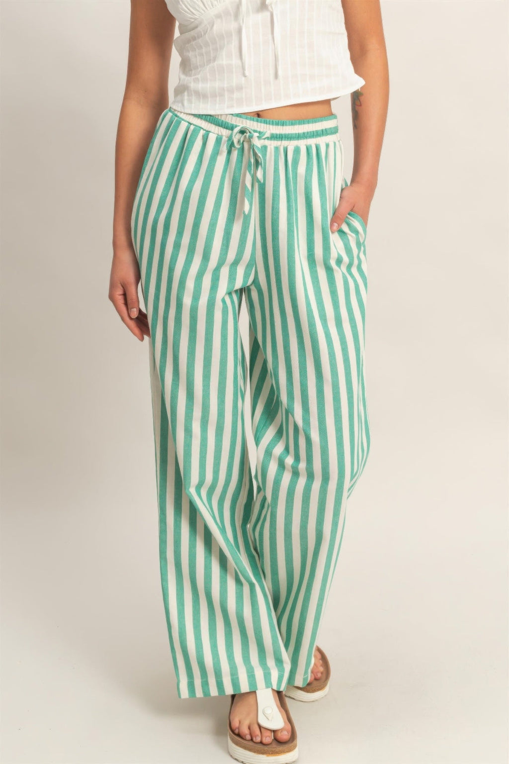 Vertical Striped Elastic Pants With Side Pockets